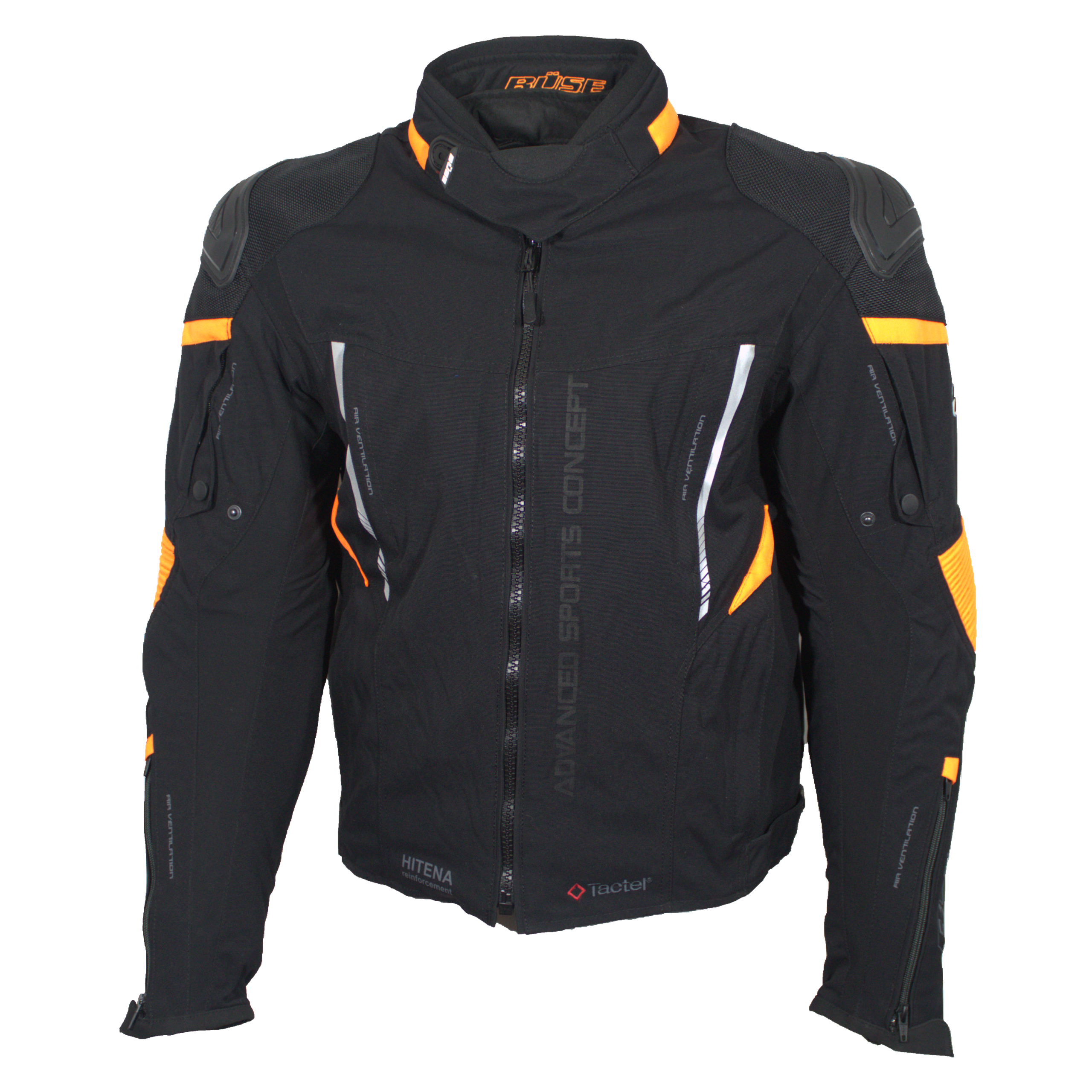 büse rocca textiel motorjas oranje voorkant