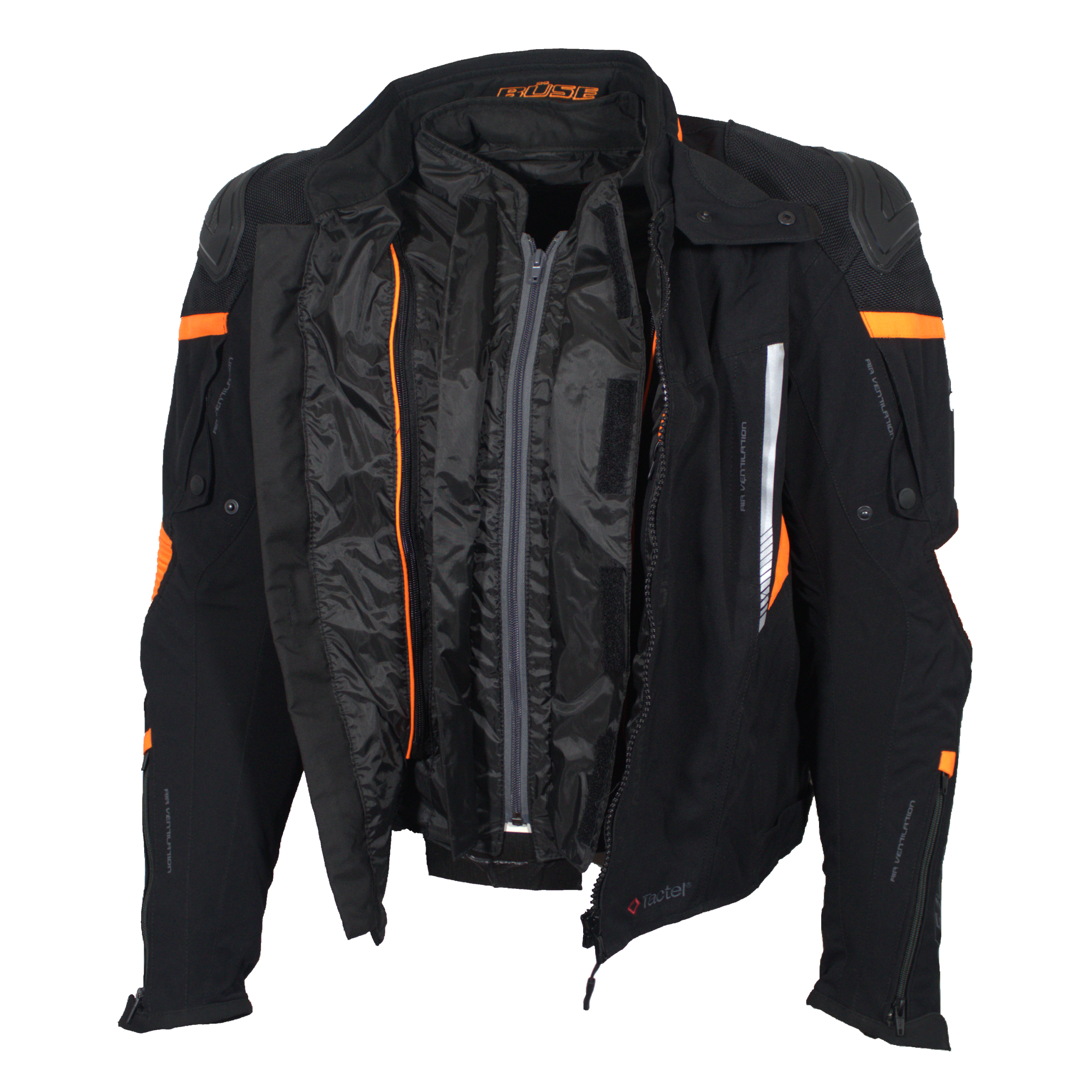 büse rocca textiel motorjas oranje voorkant rits